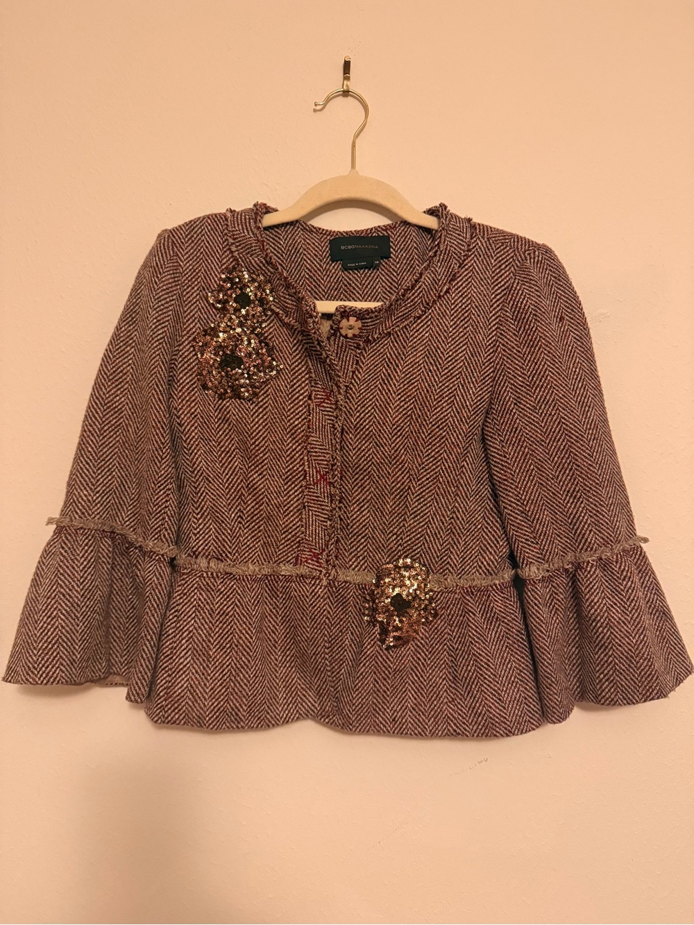 BCBGMaxAzria Pink and Gray Herringbone Peplum Blazer with Sequin Detail